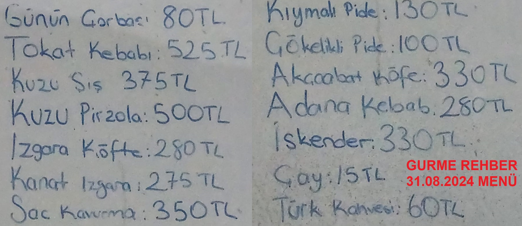 İşeri Restoran Cafe Tokat Ağustos 2024 Menü Görseli