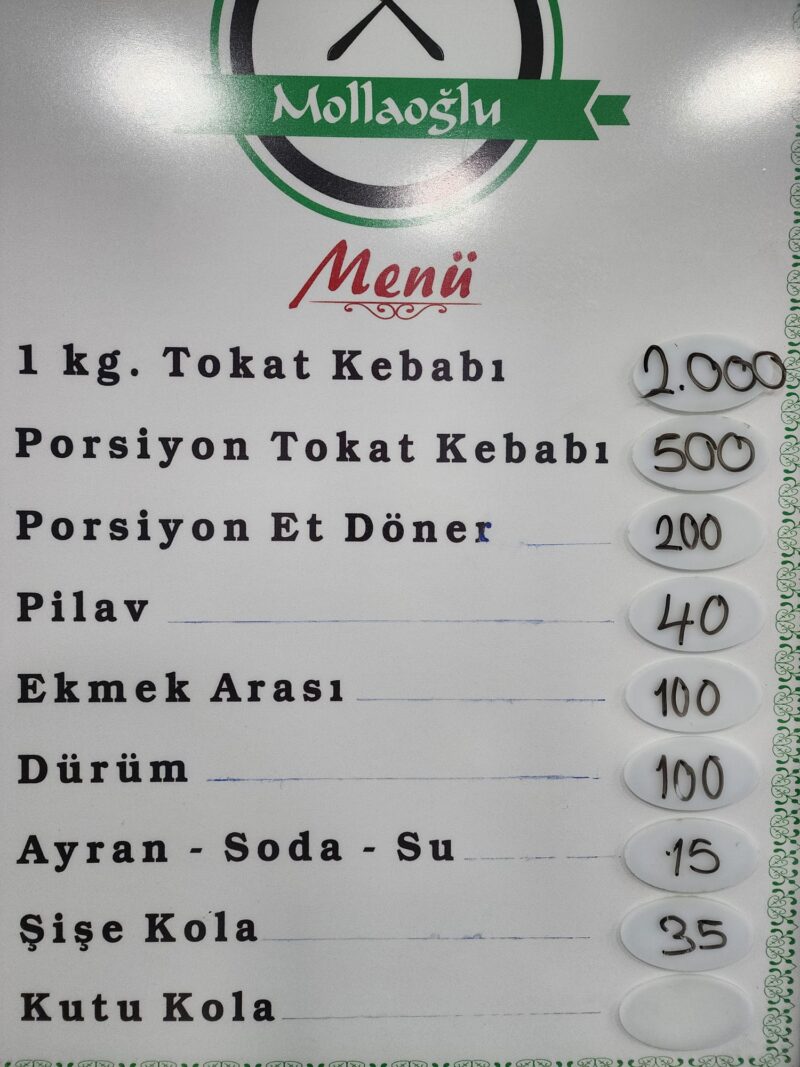 Mollaoğlu Kebap Salonu Tokat Ağustos 2024 Fiyat Listesi