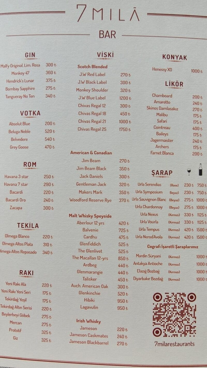 7 mila restaurant sultanahmet içecek menüsü