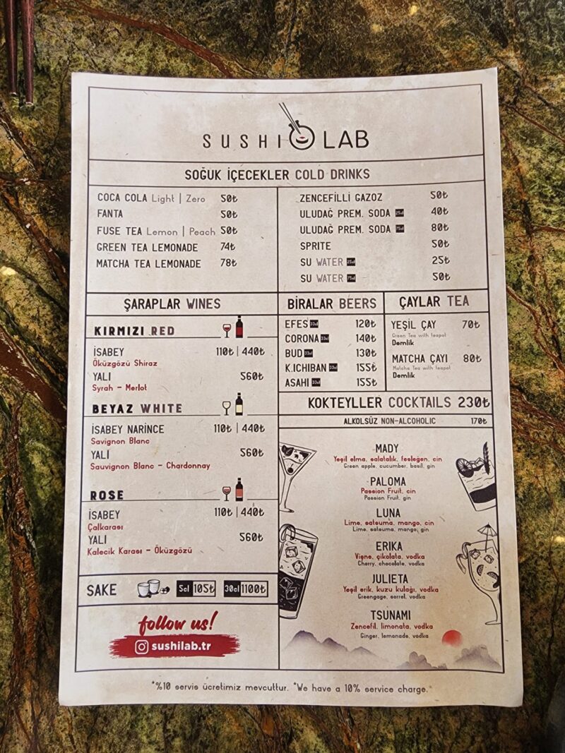 Sushi Lab Beşiktaş İçecek Menüsü