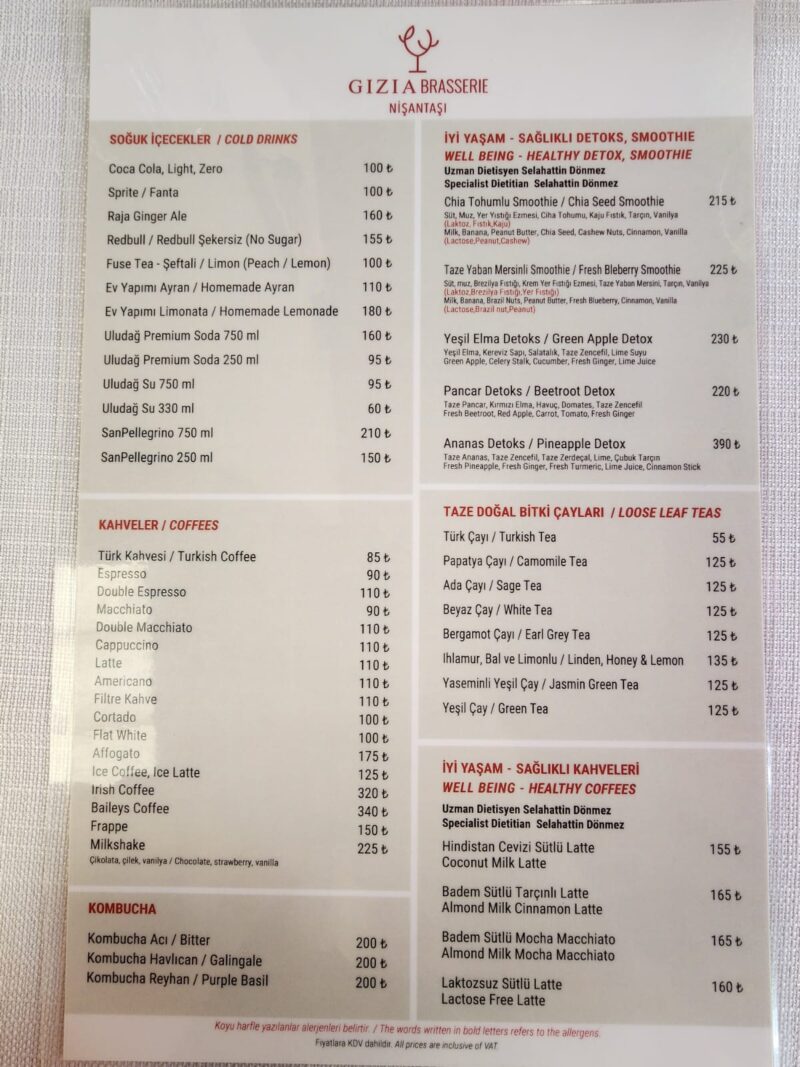 Gizia Brasserie Nişantaşı Ekim 2023 İçecek Menüsü