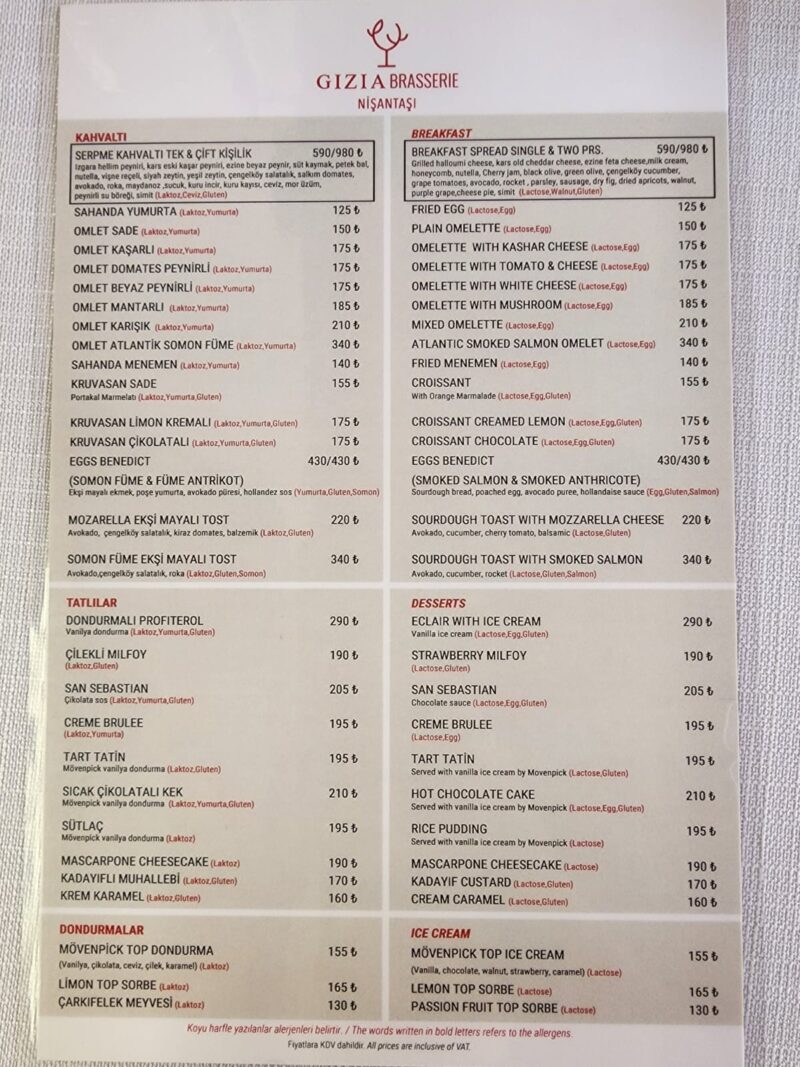 Gizia Brasserie Nişantaşı Ekim 2023 Kahvaltı Menüsü