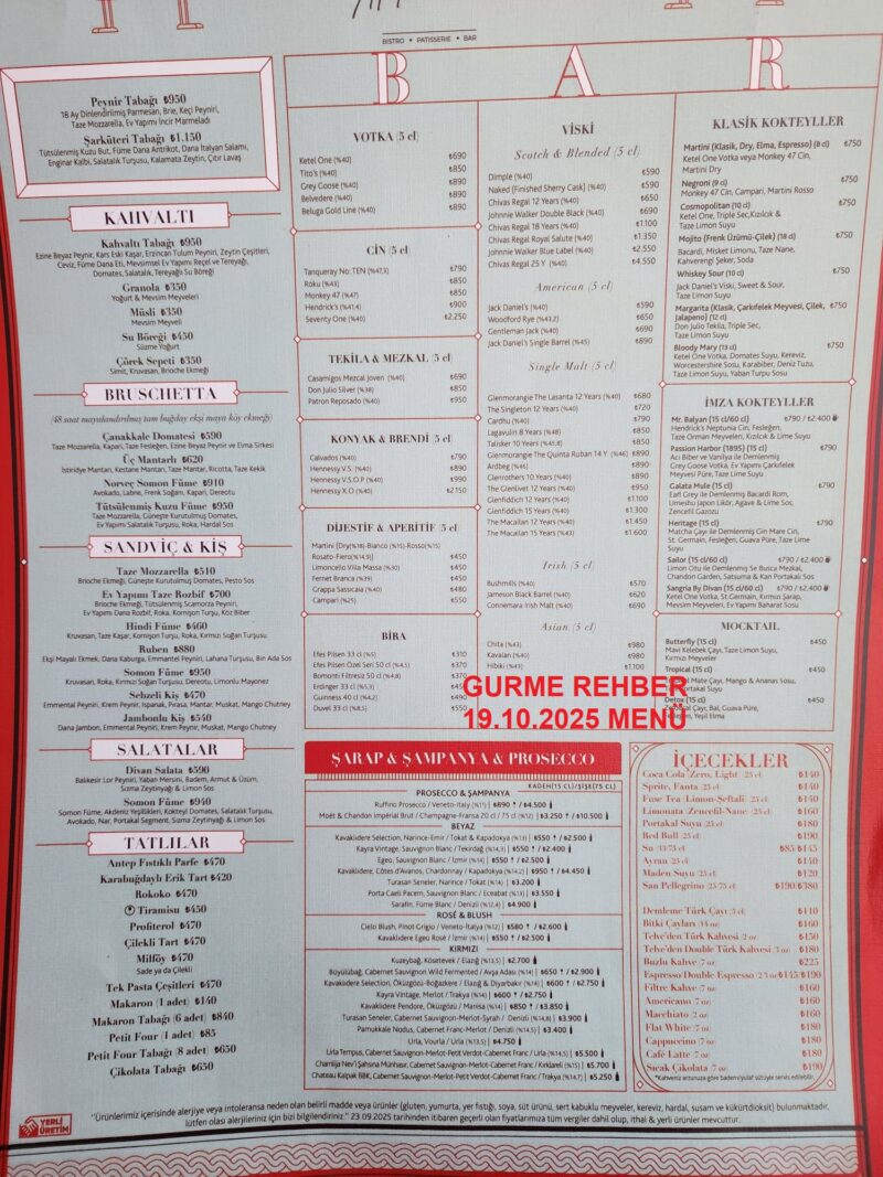 Divan Brasserie Galataport Ekim 2025 Menüsü