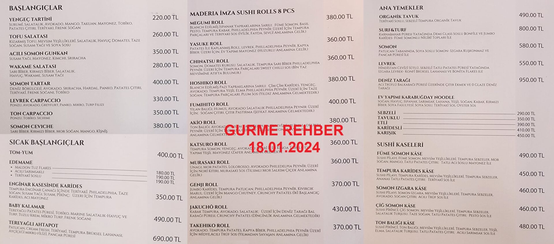 Maderia Sushi Bar Nişantaşı Ocak 2024 Menü Görseli