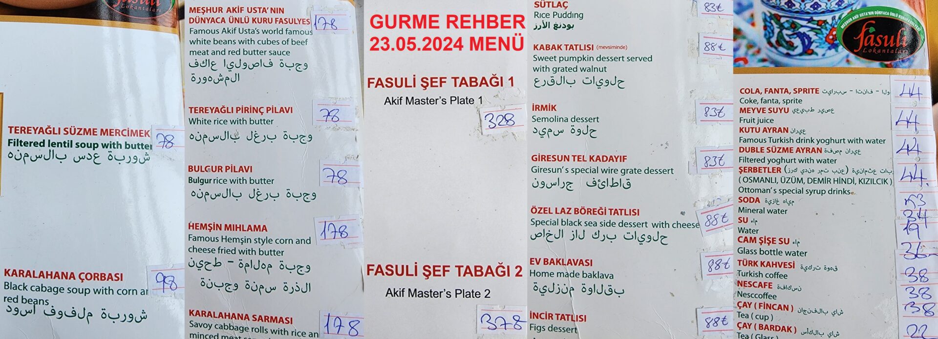 Fasuli Lokantası Tophane Karaköy Mayıs 2024 Menü Görseli