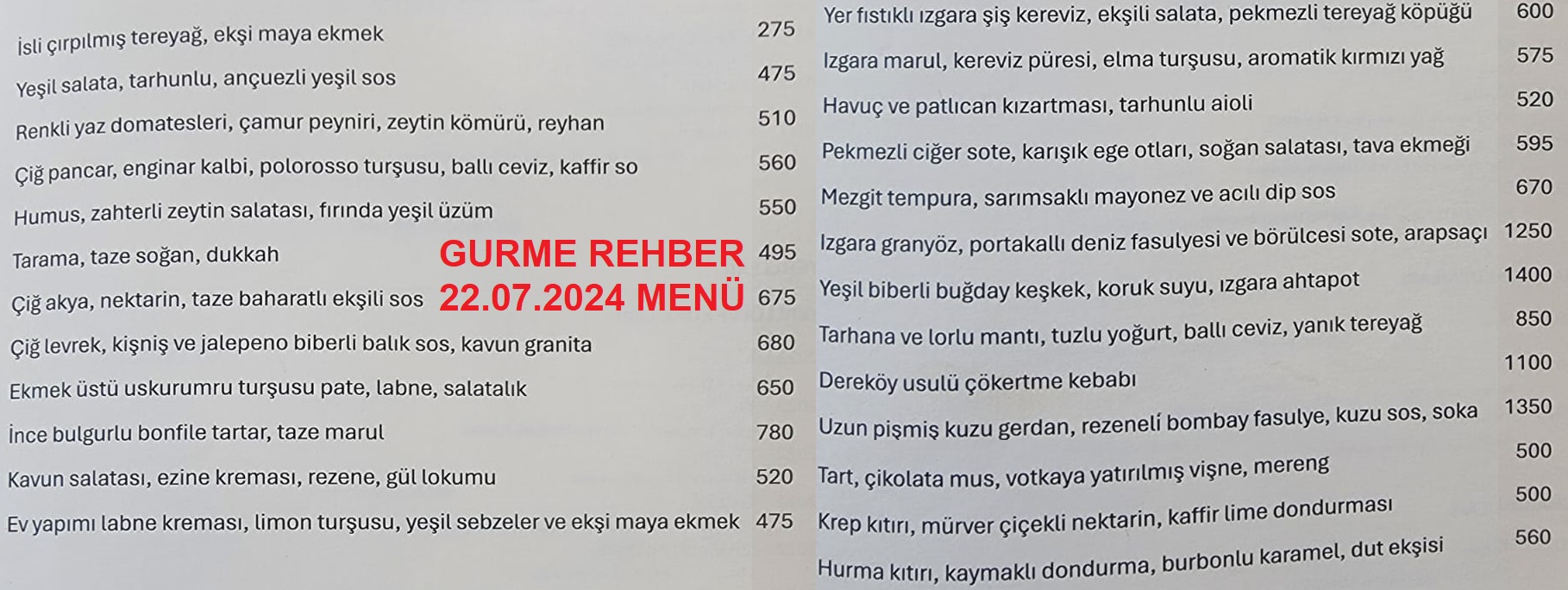 Dereköy Lokantası Bodrum Temmuz 2024 Menü Görseli