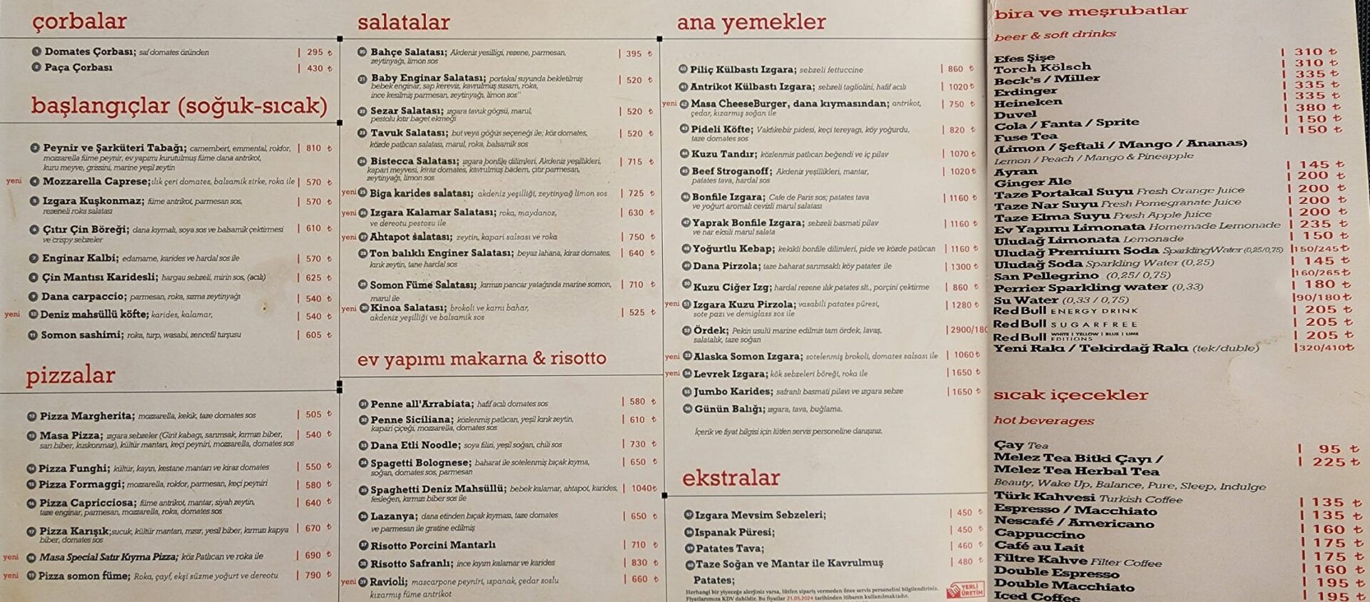 Masa Restoran İstinyepark Temmuz 2024 menü görseli