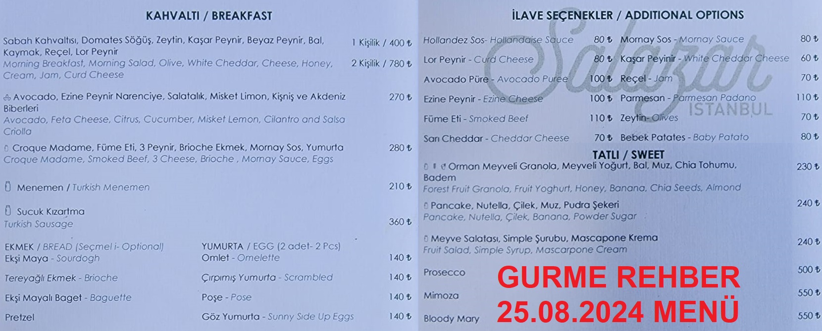 Salazar İstanbul Ağustos 2024 Menü Görseli