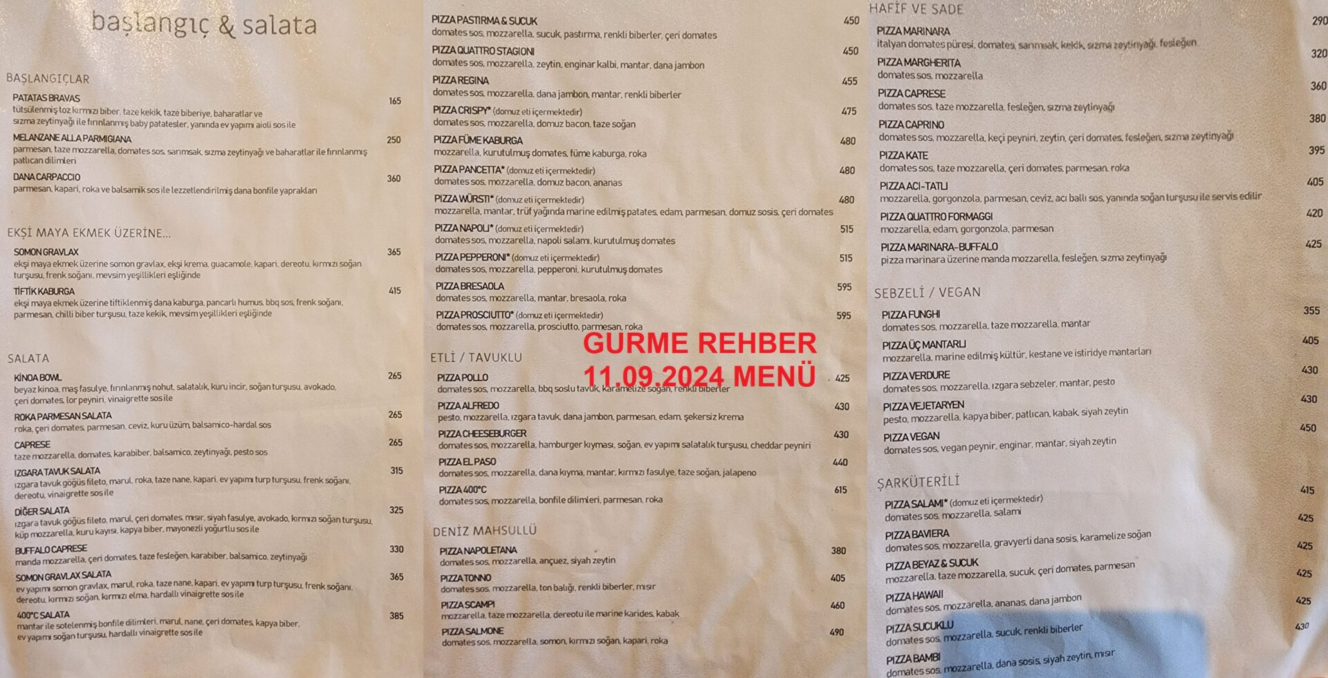 400 Derece Pizza Eylül 2024 Menü