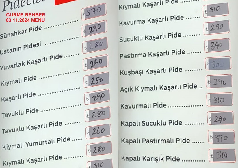 Tarihi Hocapaşa Pidecisi Kasım 2024 menü görseli