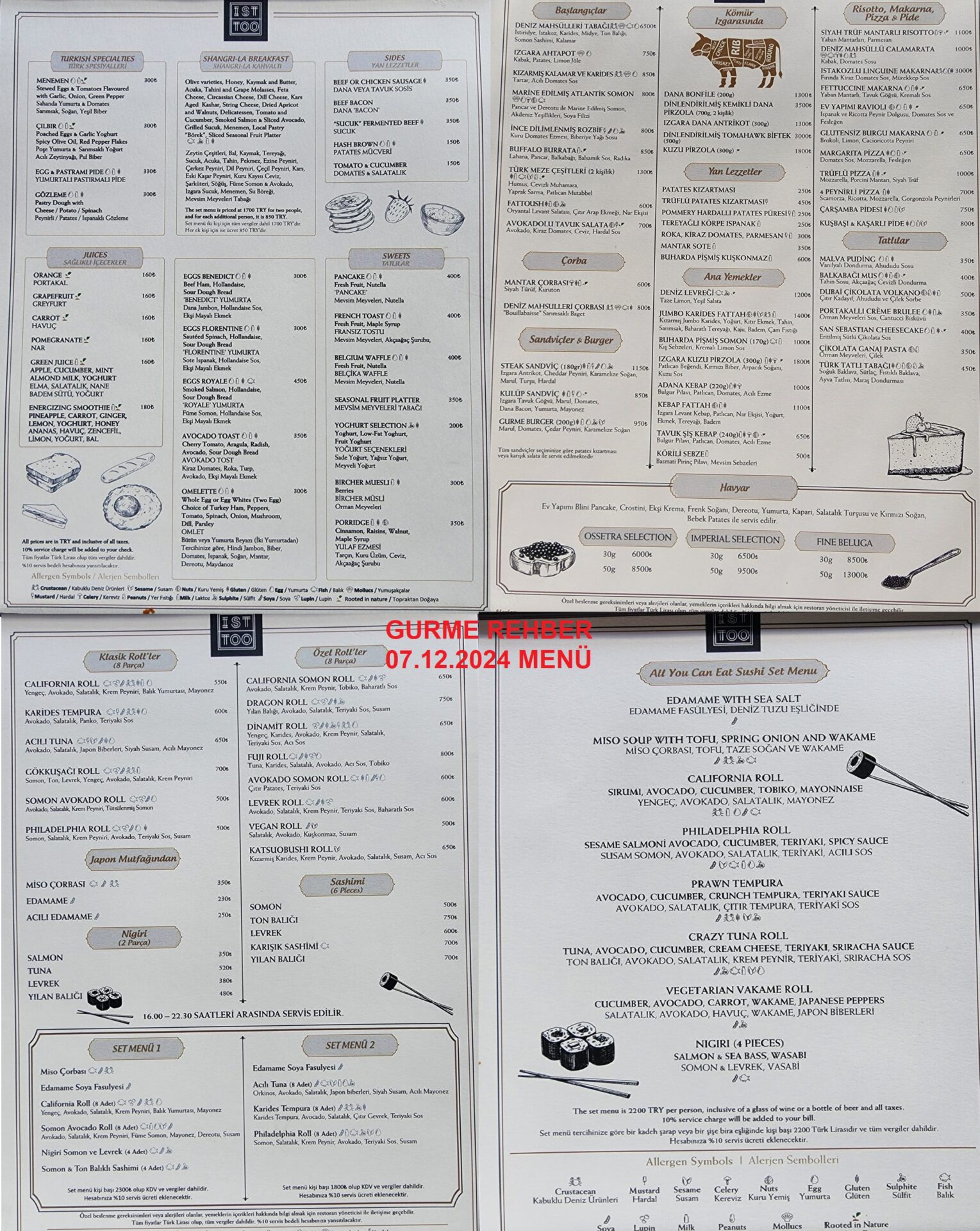 Shangri-La Bosphorus İstanbul İST TOO restoran Aralık 2024 Menü Görseli