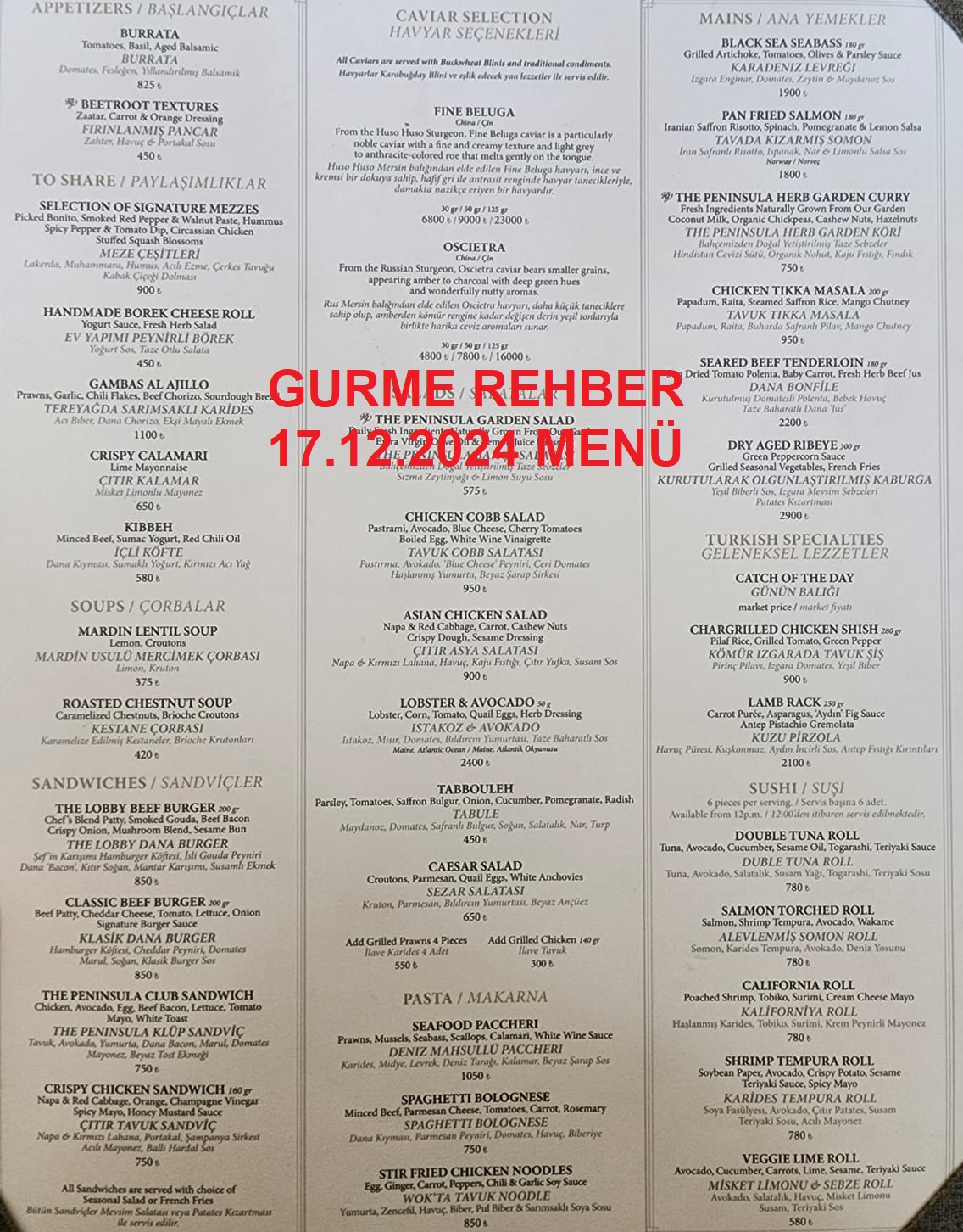 The Peninsula İstanbul Aralık 2024 Menü Görseli 2