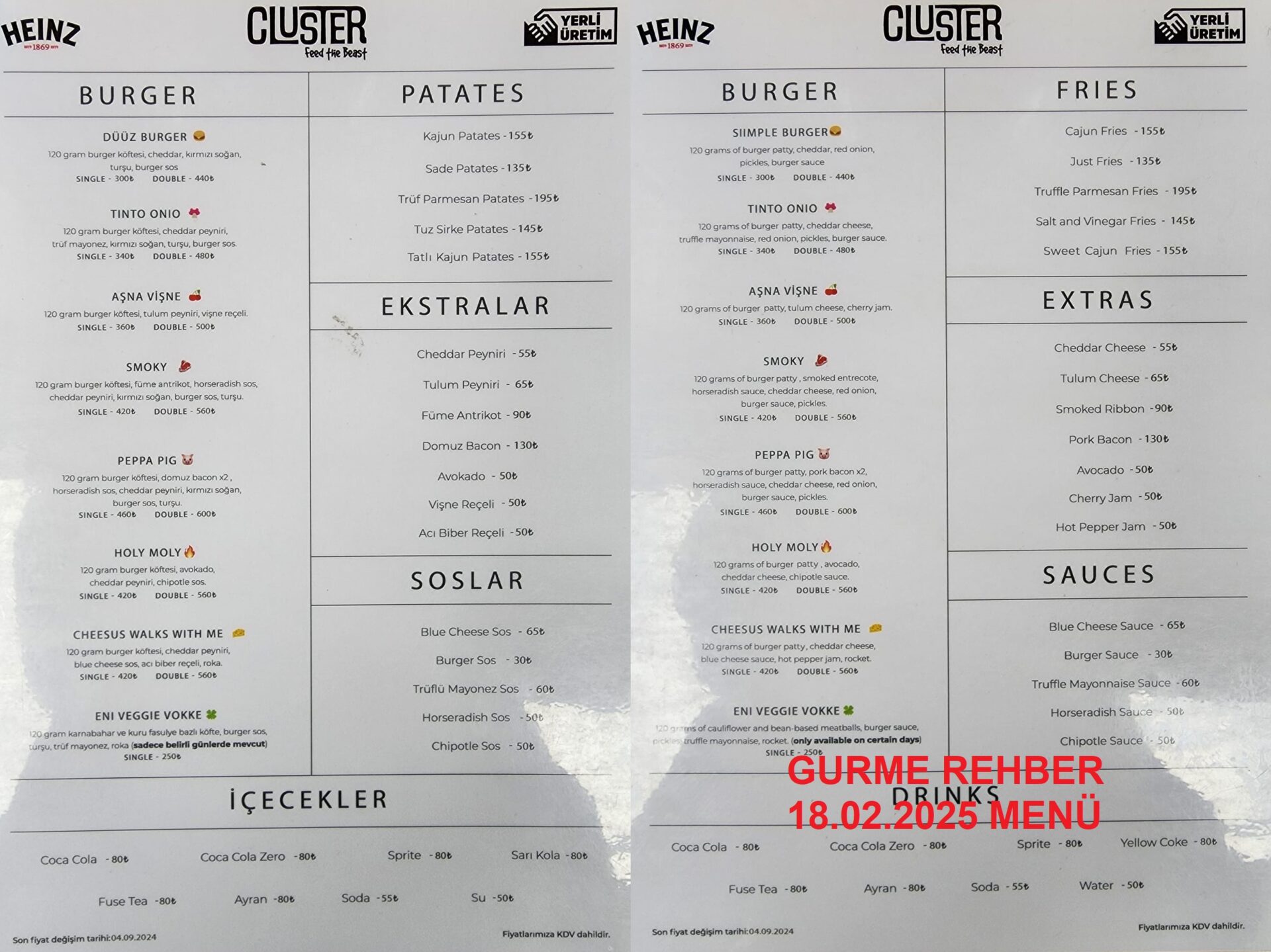 Cluster Burger Şubat 2025 Menü Görseli