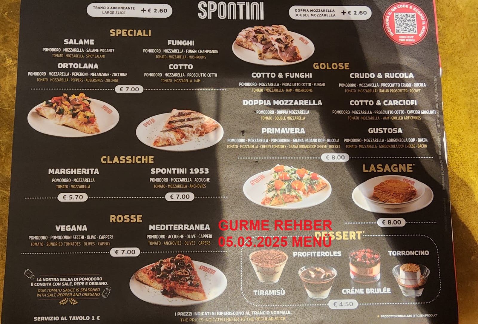Pizzeria Spontini Mart 2025 Menü Görseli