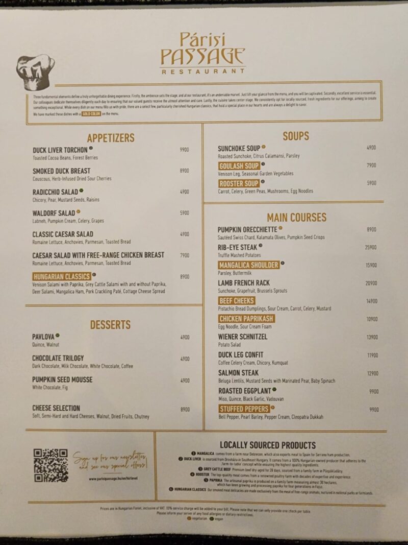 Párisi Passage Restaurant Budapeşte Nisan 2025 Menü Görseli