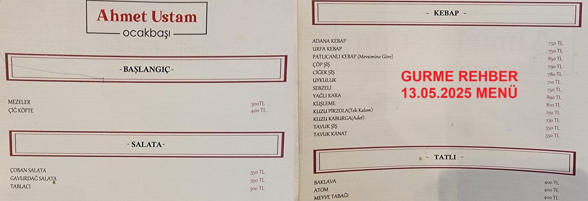 Ahmet Ustam Ocakbaşı Mayıs 2025 Menü Görseli