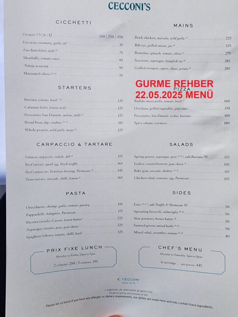 Cecconis Kopenhag Mayıs 2025 Menü Görseli