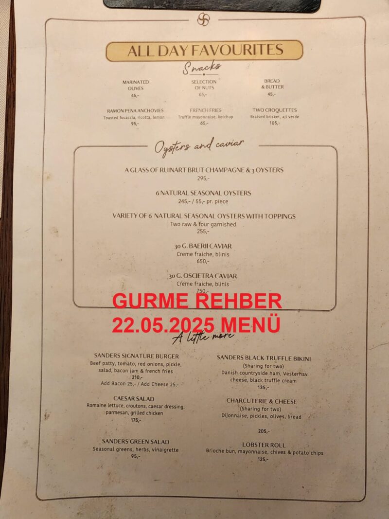 Hotel Sanders Kopenhag Mayıs 2025 Menü Görseli