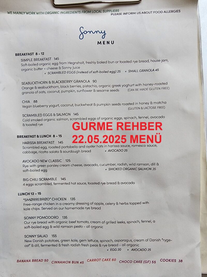 Sonny Cafe Kopenhag Mayıs 2025 Menü Görseli