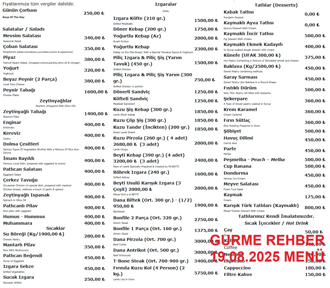 Beyti Florya Ağustos 2025 Menü Görseli