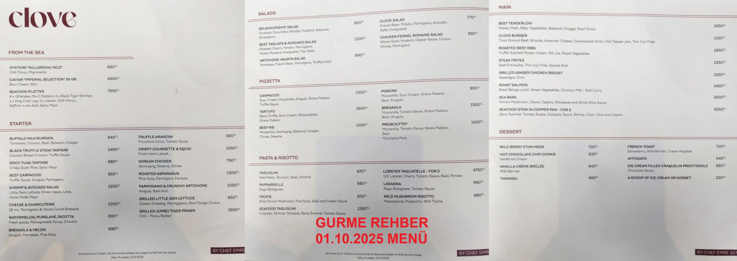Clove istanbul Restaurant Ekim 2025 Menü Görseli