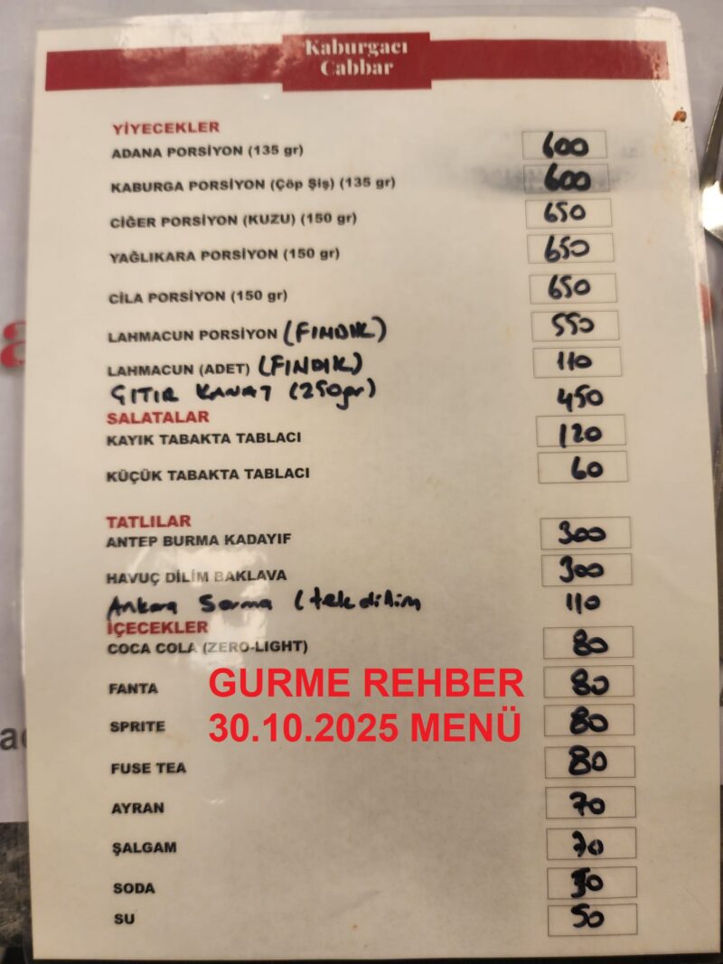 Kaburgacı Cabbar Istanbul Ekim 2025 Menü Görseli