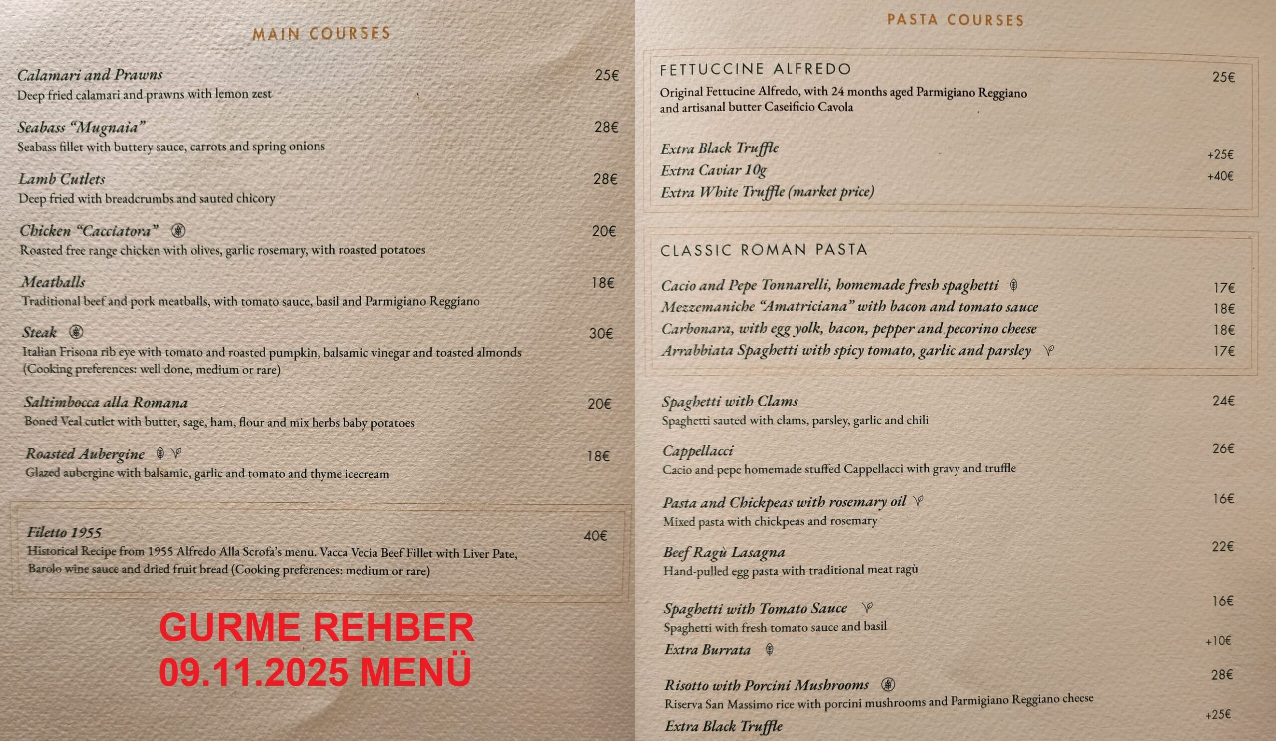Alfredo alla Scrofa Roma Kasım 2025 Menü Görseli