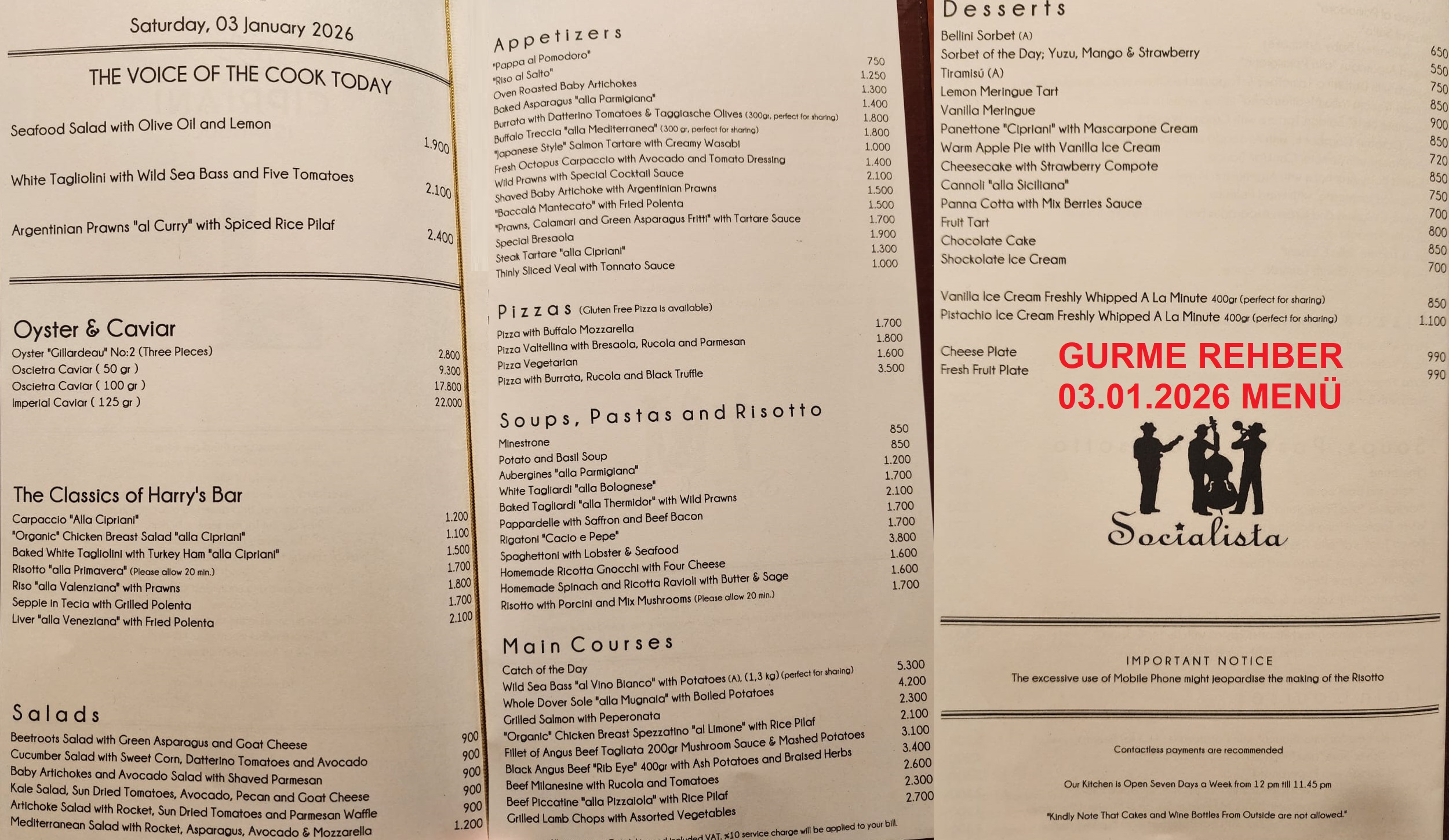 Cipriani İstanbul Ocak 2026 Menü Görseli