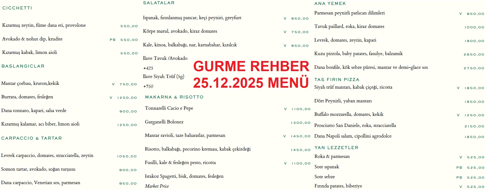 Cecconi's İstanbul Aralık 2025 Menü Görseli