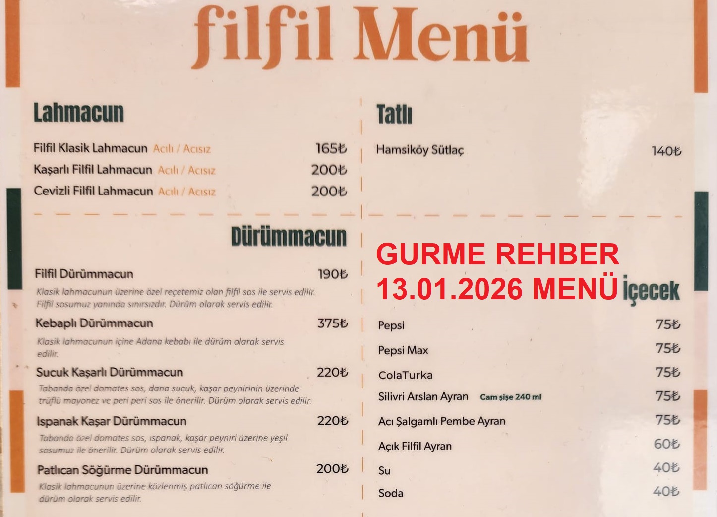 Filfil Lahmacun Kadıköy Ocak 2026 Menü Görseli