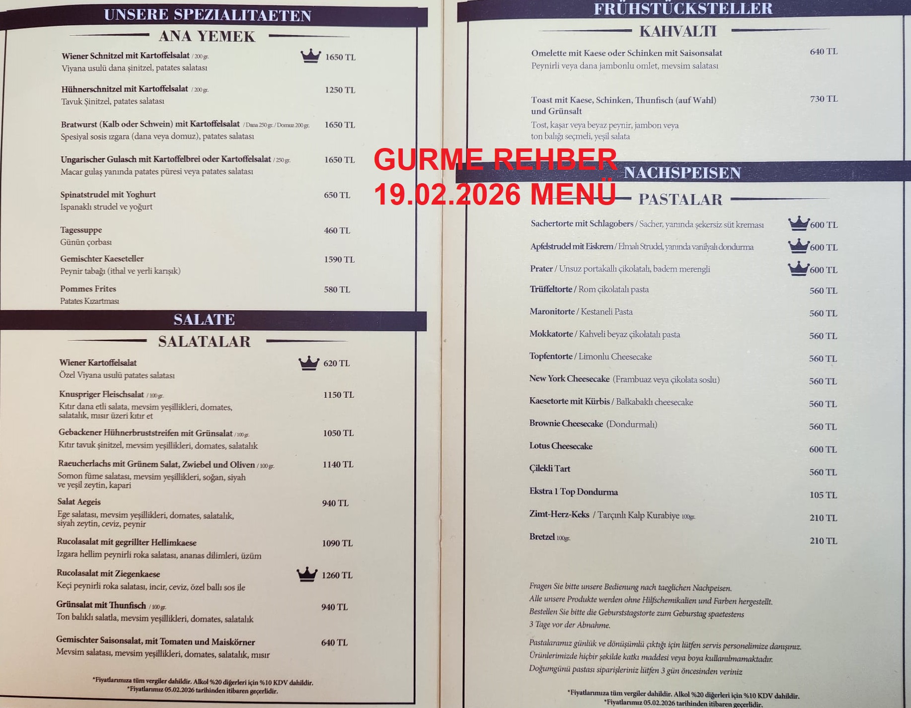 Cafe Wien Şubat 2026 Menü