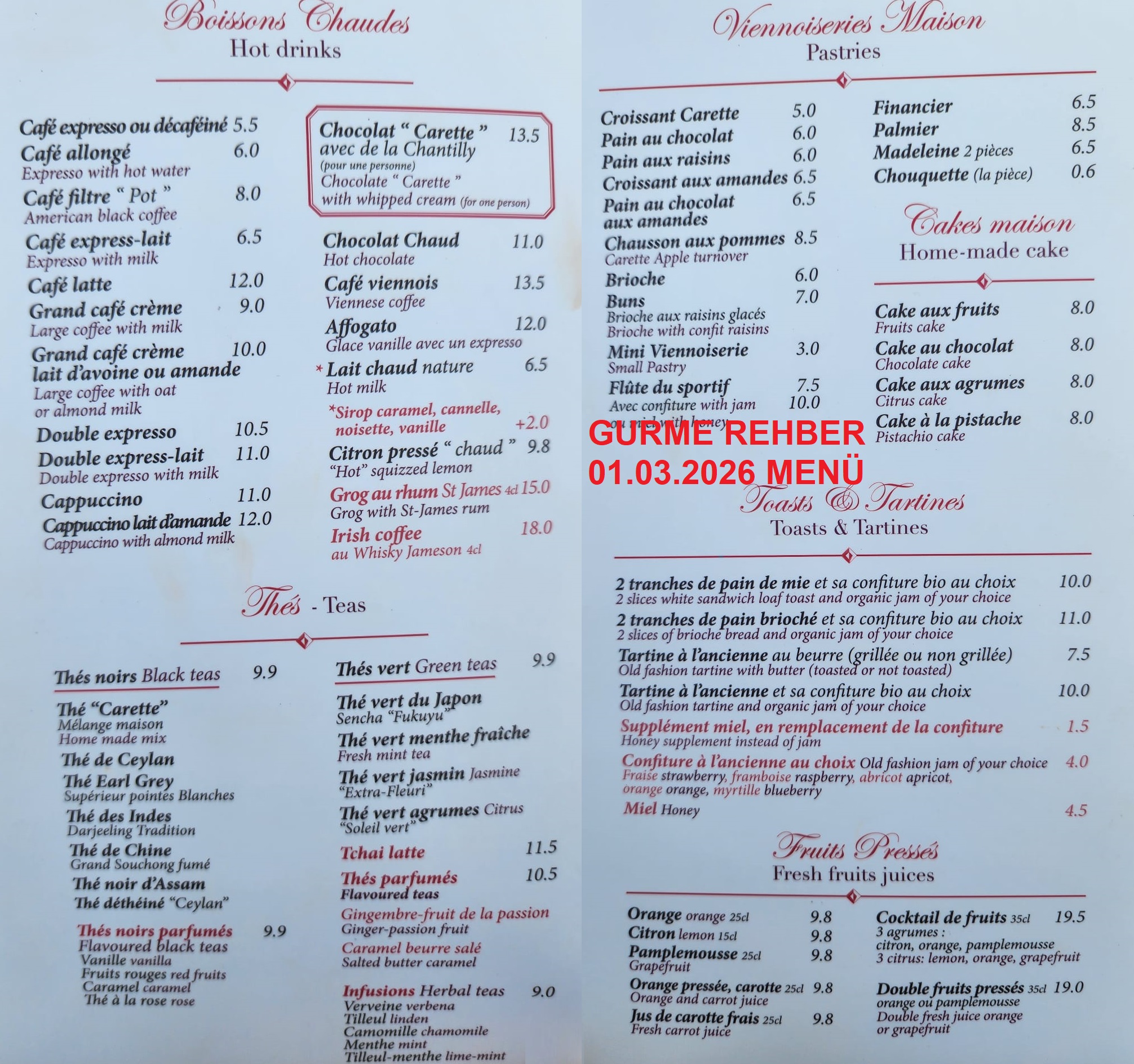 Carette Paris Mart 2026 Menü Görseli