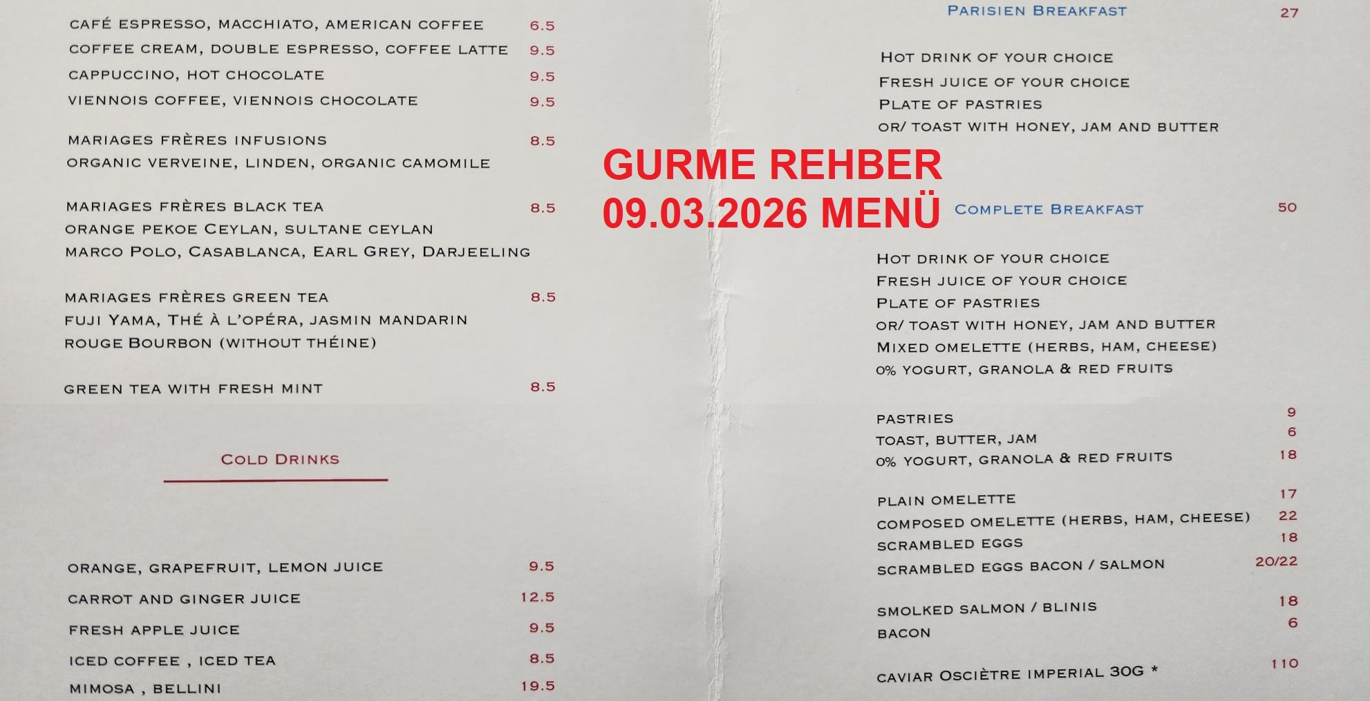 Le Café Marly Paris Mart 2026 Menü Görseli