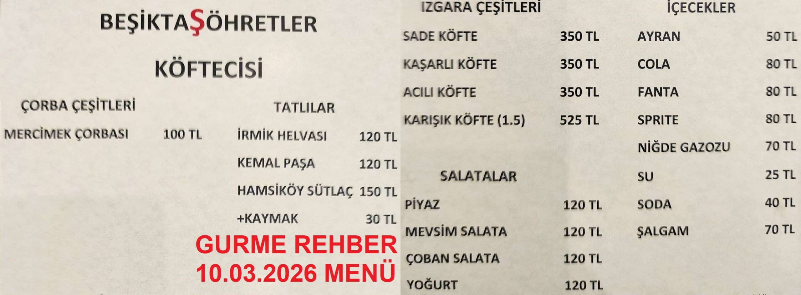 Şöhretler Beşiktaş Köftecisi Mart 2026 Menü Görseli