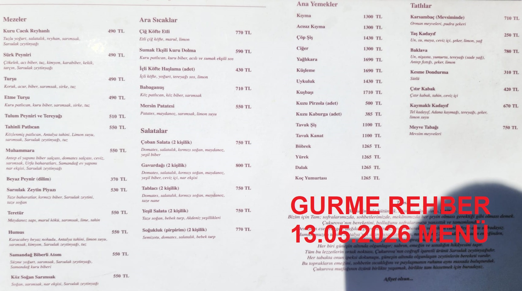 Tam Ocakbaşı Arnavutköy Mayıs 2026 Menü Görseli
