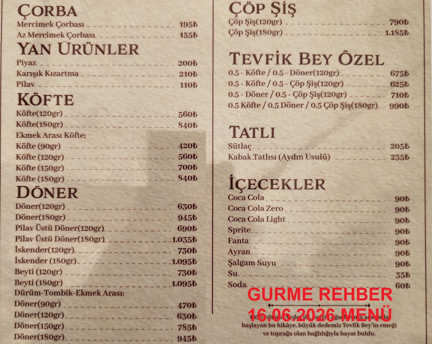 Tevfik Bey 1956 Haziran 2026 Menü
